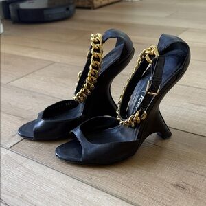 Tom Ford Black Heels with Gold Chain Detail